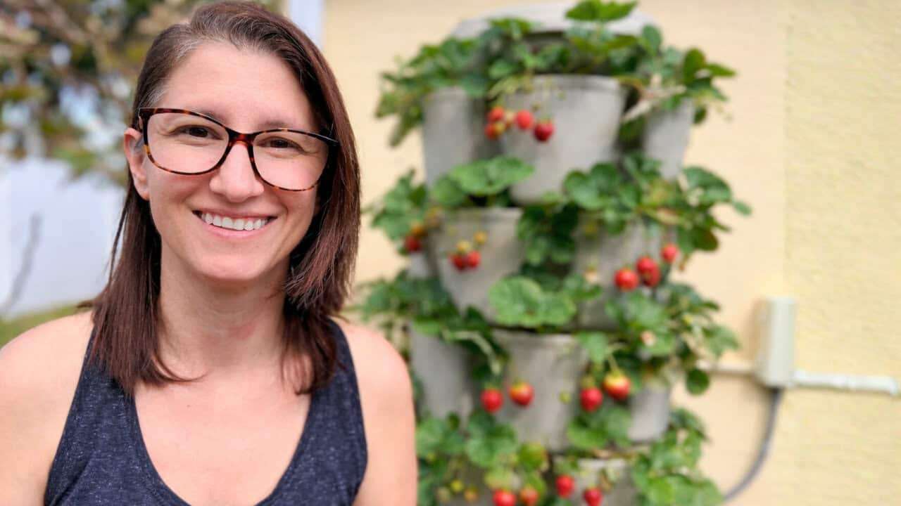 Woman smiling standing in front of a vertical planter with strawberry plants with fruit hanging from it