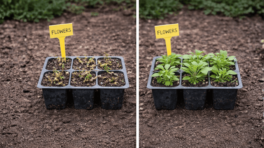 Side by side image of two seedling trays. One with dying seedlings and one with healthy seedlings