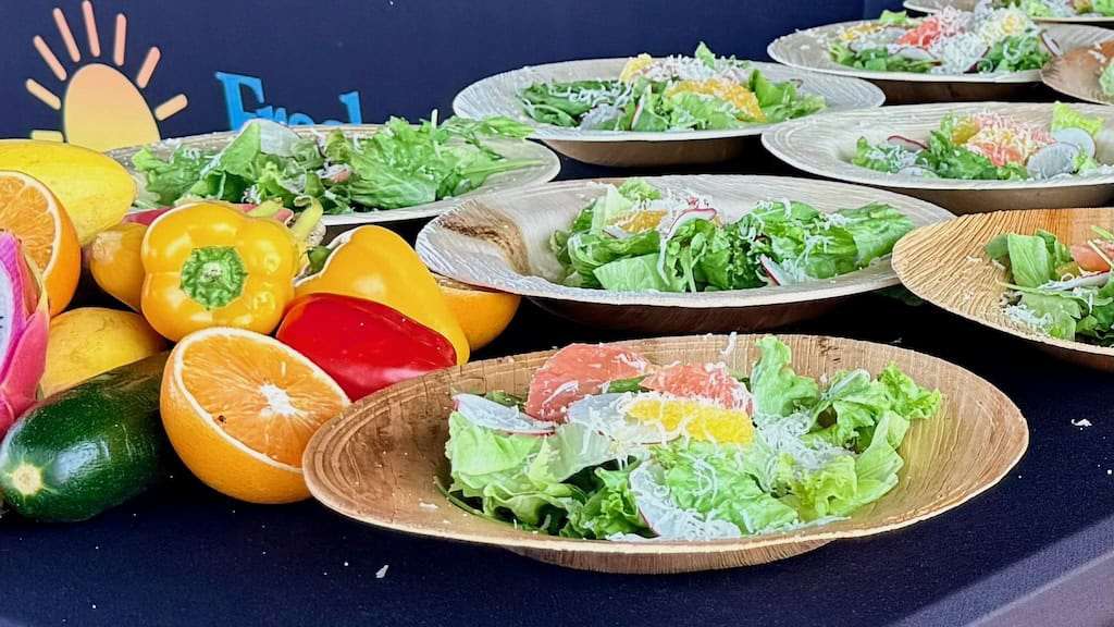Table filled with plates of salad topped with citrus