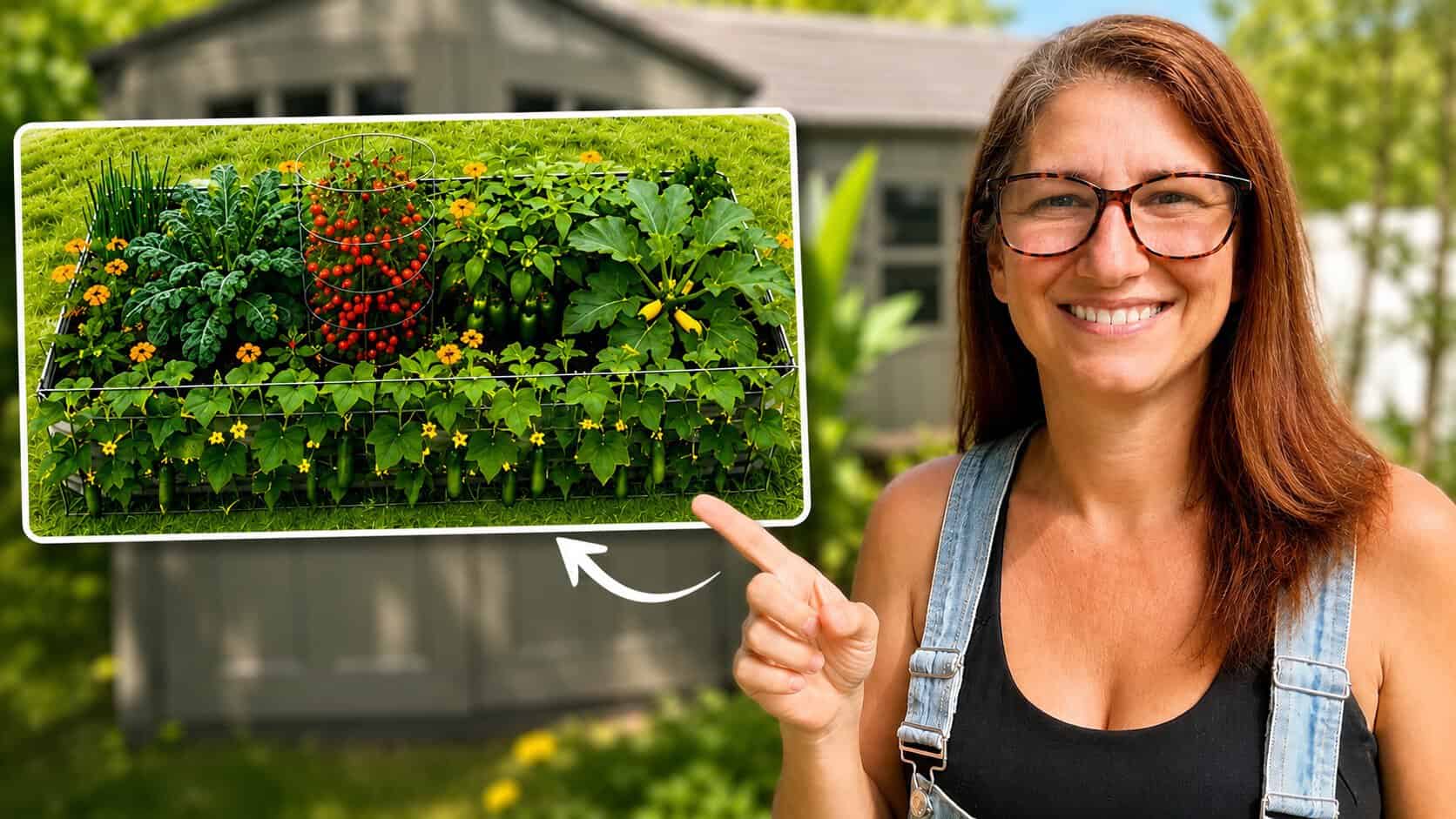 Woman in a graden pointing to an image to a layout design of a raised bed garden