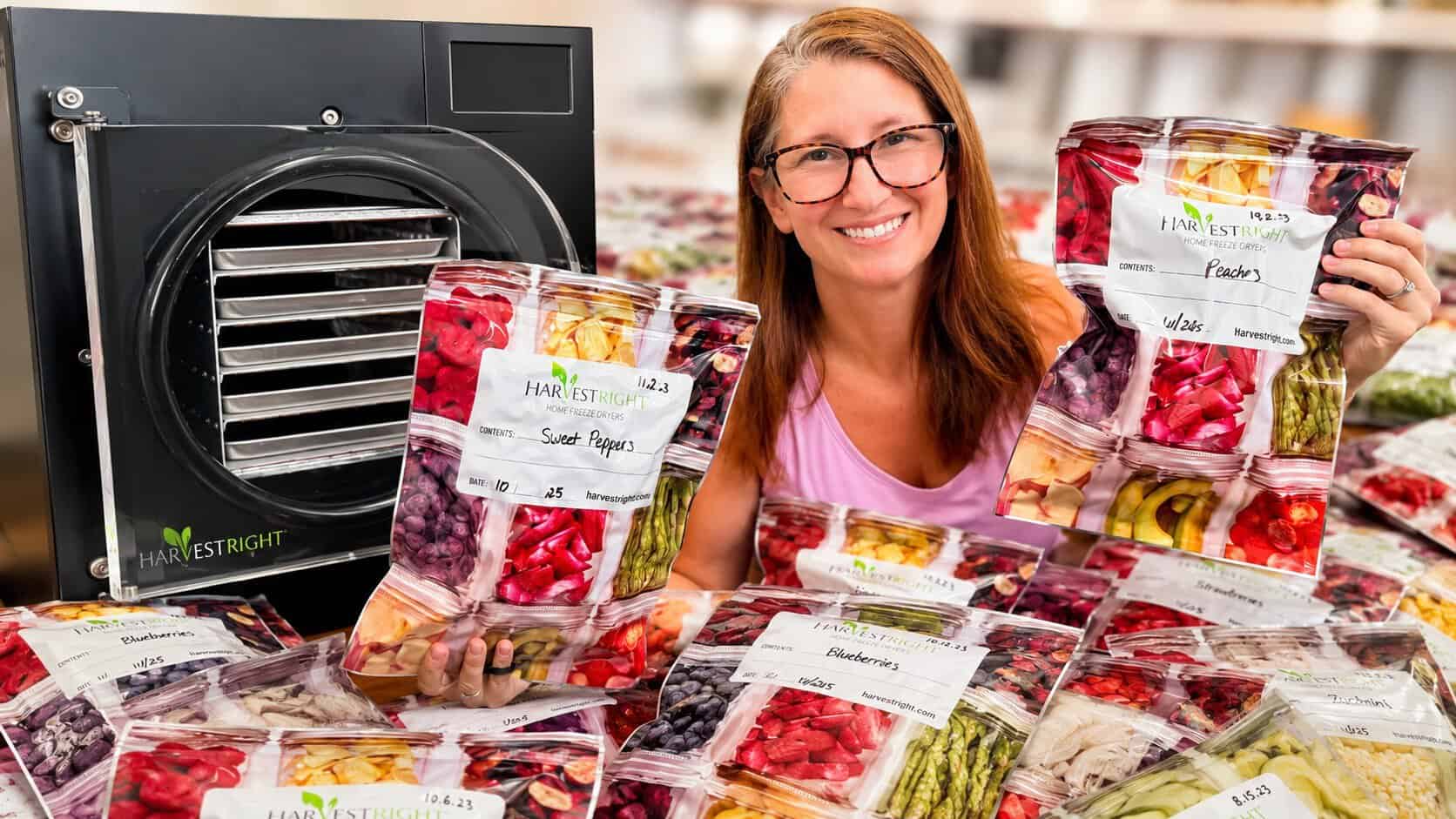 Woman holding mylar bags of freeze dried food with freeze dryer behind her