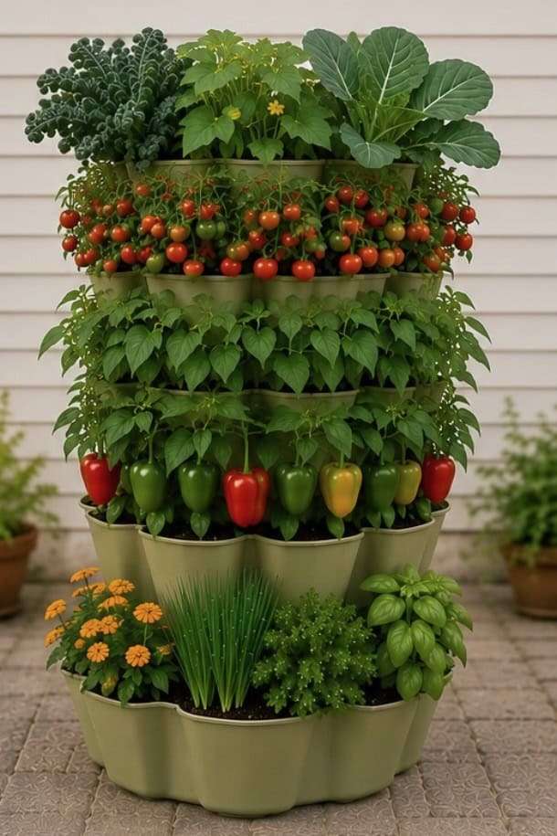 Sample Greenstalk garden layout with 5 tier vertical planter filled with vegetable plants