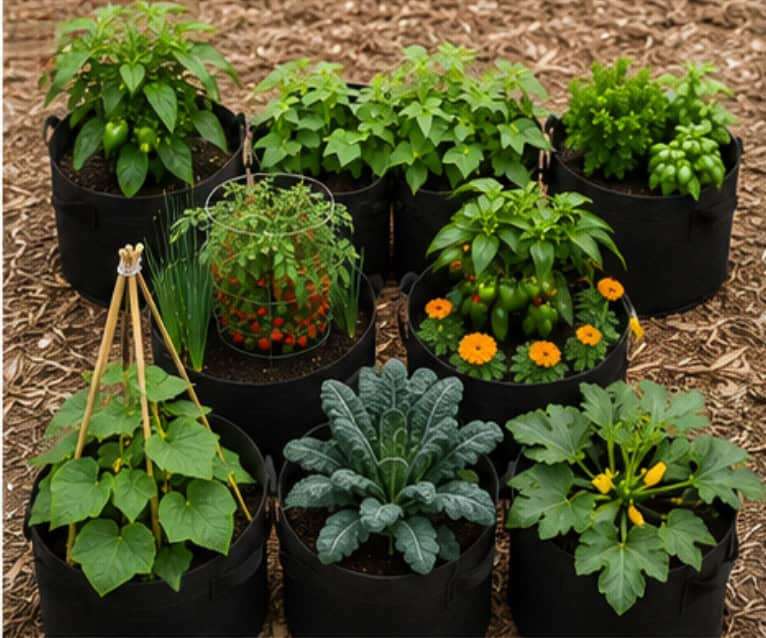 Sample grow bag garden layout with 8 containers filled with vegetable plants