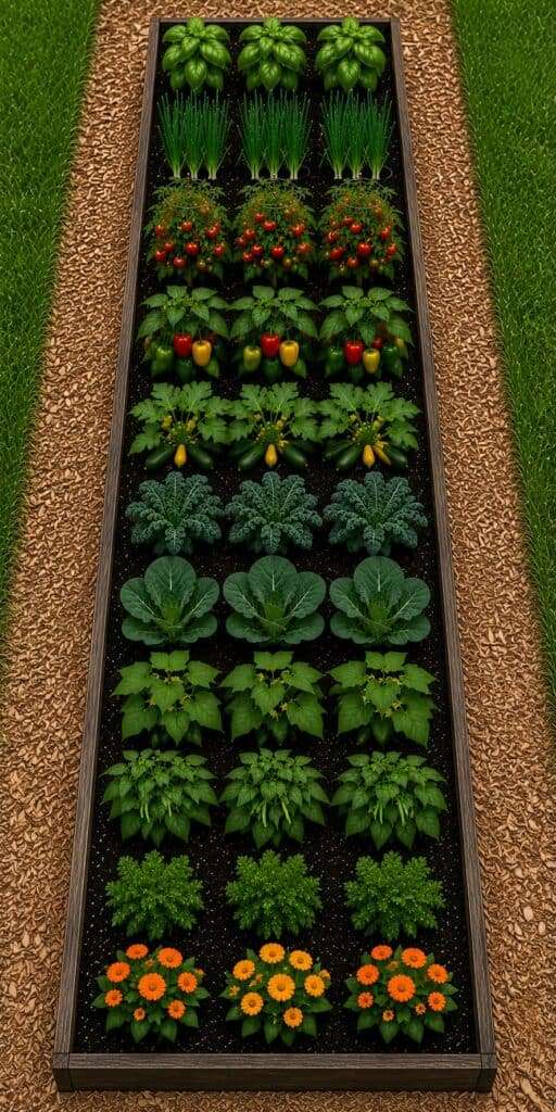 Sample in ground garden layout filled with vegetable plants