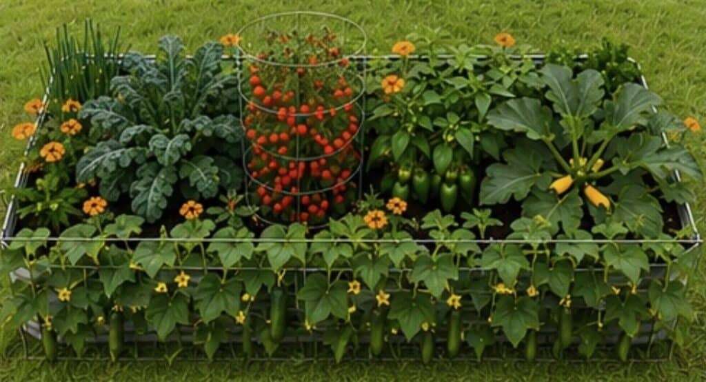 Sample raised bed garden layouts filled with vegetable plants