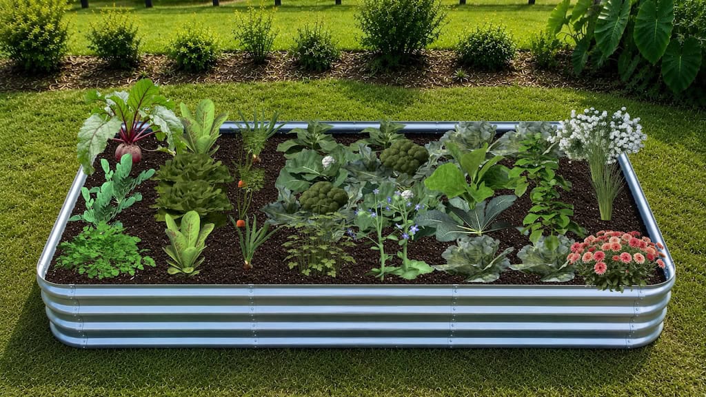 Sample raised bed garden layout filled with vegetable plants