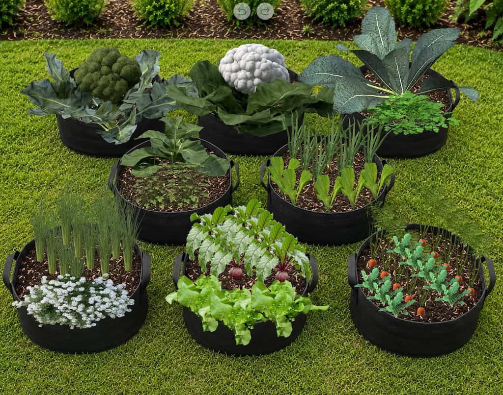 Sample winter garden layouts for grow bag gardening with 8 containers filled with vegetable plants